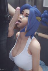 1girls 3d 3dmonte blowjob female_focus hotpants looking_at_another neon_(valorant) no_hand_blowjob public tongue tongue_out valorant