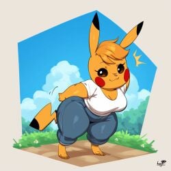 ai_generated anthro anthrofied big_breasts bottomwear breasts cleft_tail clothed clothing cloud cosplay_pikachu_(character) dipstick_ears feet female fur generation_1_pokemon grass hellsonger hi_res jeans kanna_(joaoppereiraus) looking_at_viewer mammal multicolored_ears nintendo pants pikachu plant pokemon pokemon_(species) pokemorph shirt short_stack smile solo thick_thighs topwear wide_hips yellow_body