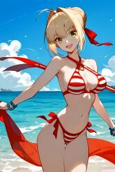 1girl ahoge ai_generated beach belly_button big_breasts bikini blonde_hair breasts fate/grand_order fate_(series) female female_focus female_only front_view green_eyes hair_bun hair_ribbon hi_res highres human large_breasts looking_at_viewer mouth_open nero_claudius_(fate) nero_claudius_(swimsuit_caster) ocean smile smiling standing stomach tagme thighs