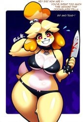 accessory ai_generated animal_crossing anthro bell big_breasts bikini black_clothing black_swimwear blonde_hair blood bodily_fluids breasts canid canine canis cleavage clothed clothing collar domestic_dog female fur hair hellsonger hi_res holding_object holding_weapon isabelle_(animal_crossing) jewelry knife looking_at_viewer mammal navel nintendo red_eyes shih_tzu signature simple_background smile solo standing swimwear teeth text thick_thighs toy_dog weapon wide_hips yellow_body yellow_fur