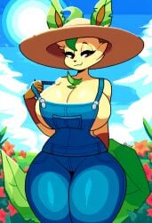 absurd_res ai_generated anthro anthrofied big_breasts breasts cleavage clothed clothing cloud curvy_figure eeveelution female generation_4_pokemon hat headgear headwear hellsonger hi_res huge_breasts leafeon looking_at_viewer nintendo outside overalls plant pokemon pokemon_(species) pokemorph smile solo thick_thighs voluptuous wide_hips