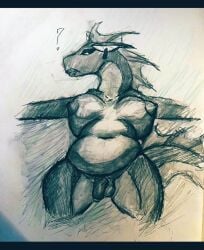 anthro breasts dragon female genitals ghoo_oostpepper letterbox mythological_creature mythological_scalie mythology penis scalie shaded solo traditional_media_(artwork)