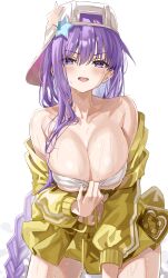 1girls bb_(swimsuit_mooncancer) blush breasts cap cleavage clothed clothing fate/grand_order fate_(series) female female_only hat huge_breasts light-skinned_female light_skin open_mouth purple_eyes purple_hair sino_eefy skirt solo sweat