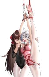 2girls applying_gag arms_above_head ball_gag ballerina black_hair bondage chains cock_gag cuffs dildo_gag female femsub gag ginklaga glasses handcuffs highres leg_up leotard multiple_girls original pantyhose restrained rope shibari shibari_over_clothes thighs white_hair white_pantyhose