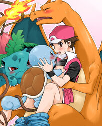 1boy after_kiss agemono anal baseball_cap blue_scales blue_skin blush bottomless charizard closed_eyes curled_tail human human_with_monster implied_anal interspecies ivysaur kissing looking_at_another lowres male nintendo orange_scales pants_around_one_leg pink_background pokémon_(species) pokemon pokemon_(species) pokemon_trainer pokephilia red_(pokemon) red_eyes reptile saliva saliva_string saliva_trail shirt_lift sitting sitting_on_lap smile squirtle super_smash_bros. tentacle tentacle_in_anus tentacle_on_male video_games white_outline yaoi yellow_scales zoophilia