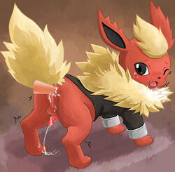 censored clothed_feral crying_with_eyes_open cumming eeveelution feral flareon fur male_only pokemon pokemon_(species) realistic_animal tagme