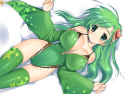 bare_shoulders blush breasts cameltoe cleavage erect_nipples female female_only final_fantasy final_fantasy_iv green_eyes green_hair green_legwear hair_ornament hima hips huge_breasts human long_hair looking_at_viewer lying on_back rydia solo thighhighs wide_hips