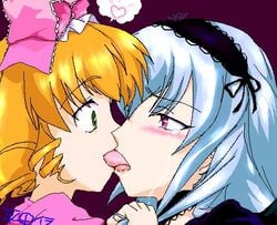 2girls blush eye_contact female french_kiss heart hinaichigo kissing looking_at_another love lowres multiple_girls rozen_maiden suigintou surprised tear tongue yuri