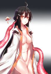 ara_haan areola_slip areolae black_hair braid breasts elsword female long_hair medium_breasts navel nipple_slip nipples open_clothes orange_eyes tanjel tentacle