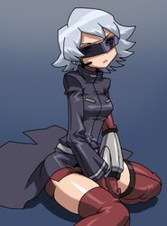 artist_request female gloves grey_hair hunter_j j_(pokemon) kneeling long_coat lowres nintendo pokemon pokemon_(anime) short_hair silver_hair thighhighs tinted_eyewear visor visor_(eyewear)