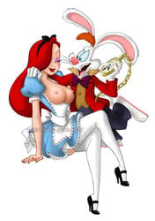 1boy 1girls alice_in_wonderland alice_in_wonderland_(1951_film) alice_liddell_(cosplay) areolae breasts cosplay disney erect_nipples female fur high_heels human jessica_rabbit large_breasts male nipples rabbit roger_rabbit skirt straight white_rabbit_(cosplay) who_framed_roger_rabbit