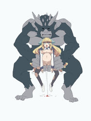 blonde_hair blood blue_eyes breasts female knight's_and_magic long_hair mole mole_under_eye monster nipples poncho_s rape sex stefania_serrati stomach_bulge virgin