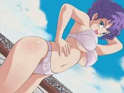 1girls blue_eyes blush bra breasts canonical_scene curly_hair dragon_ball dragon_ball_(classic) female female_only hair haruyama human lingerie navel panties public purple_hair ranfan solo straight_hair underboob underwear