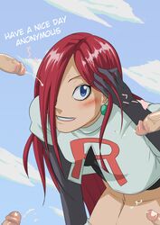 alternate_hairstyle blue_eyes blush bukkake color cum earring female hair hair_down hair_over_one_eye human human_only jessie_(pokemon) kibate male midriff multiple_males nintendo pokemon team_rocket unseen_male_face