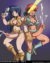 2futas balls belt blue_hair bottomless breasts casual cleavage cum cum_drip cumshot curvaceous curvy dark-skinned_futanari dark_skin darkkaminari dirty_pair duo ejaculation erect_nipples erection female firearm footwear futa_only futa_with_futa futanari gun hair handgun hands-free handsfree_ejaculation handwear headband huge_penis human intersex intersex_only kei_(dirty_pair) large_balls large_breasts light-skinned_futanari light_skin long_hair multitasking nipple_bulge nipples pale_skin penis red_hair short_hair tomboy weapon yuri_(dirty_pair)