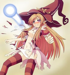 blush breasts clam_curry female hat knights_in_the_nightmare long_hair orange_hair pointy_ears purple_eyes striped striped_legwear striped_thighhighs tear thighhighs torn_clothes wisp witch witch_hat