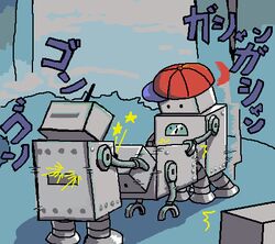 earthbound japanese_text jeff_andonuts mother_(series) ness paula_jones paula_polestar poo poo_(earthbound) robo-jeff robo-ness robo-paula robo-poo robot_sex tagme