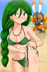 1girls armband bare_shoulders beach bikini blush braid breasts camera cheryl_(pokemon) cleavage female green_bikini green_eyes green_hair hips human human_only jewelry long_green_hair long_hair lowres mothim necklace nintendo pokemoa pokemon pokemon_dppt side-tie_bikini soara solo swimsuit wardrobe_malfunction wide_hips