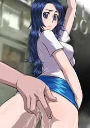 arms_up blue_eyes blue_hair blush breasts censored female fingering long_hair looking_down majokko_youheidan male_hand molestation no_panties original skirt standing train wet