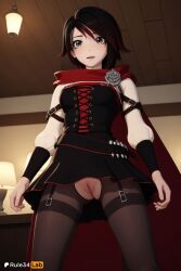 1girls ai_generated artist_name ass_visible_through_thighs belt black_dress black_hair black_pantyhose black_skirt blush breasts cape ceiling_light corset crotch_cutout crotchless crotchless_pantyhose dress female female_only flower from_below gradient_hair grey_eyes hi_res hood indoors lamp long_sleeves looking_at_viewer medium_breasts multicolored_hair no_panties open_mouth pantyhose parted_lips pleated_skirt pussy red_cape red_hair rose ruby_rose rule34lab rwby shirt short_hair skirt solo standing thighband_pantyhose torn_clothes torn_pantyhose two-tone_hair uncensored upskirt white_shirt