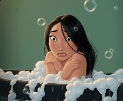 1girls ai_generated asian asian_female bath bath_barrel bathing black_hair bubble bubbles chinese_female cold covering_breasts disney disney_princess embarrassed embarrassed_nude_female enf fa_mulan female freezing light-skinned_female light_skin long_hair mulan mulan_(1998_film) naked naked_female non_explicit nude nude_femlae