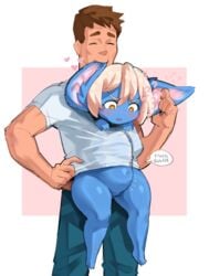 ? anal anal_sex bite blue_body blue_skin blush borvar carrying closed_eyes clothes_sharing cock_sleeve duo ear_bite ear_nibble ear_rub english_text fanny_packing female flat_chested genitals happy heart highres human human_penetrating humanoid humanoid_genitalia inner_ear_fluff inside_clothing interspecies larger_male league_of_legends male mammal navel petting pussy riot_games sex shared_clothes shortstack simple_background size_difference small_feet smaller_female stealth_sex stomach_bulge straight text tristana tuft under_clothes white_hair yordle