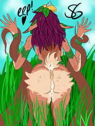 anal brown_fur centaur cum_in_ass cum_in_pussy deer deer_tail deer_taur female furry league_of_legends lillia_(league_of_legends) purple_hair restrained scribblygumbo surprised taur