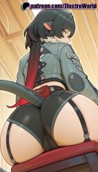 1girls 2026 ai_generated artist_name ass ass_focus electroworld female from_behind garter_straps green_eyes hi_res high_quality high_resolution highres jane_doe_(zenless_zone_zero) looking_back patreon patreon_username pointy_ears shorts sitting solo stable_diffusion thighs watermark zenless_zone_zero