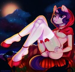 5_fingers absurd_res aisuroma anthro ass big_breasts bow breasts clothing equid equine female fingers food fruit furry genitals hasbro hi_res hood hooves horn legwear mammal mountain my_little_pony nipples panties panties_down plant pumpkin pussy solo thigh_highs underwear unicorn