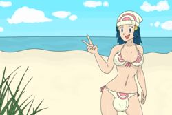 1futa beach belly_button big_balls big_penis bikini blue_eyes blue_hair bulge cleavage clothed dawn_(pokemon) futanari hat nintendo peace_sign pokemon public roselovesart shiny_skin solo