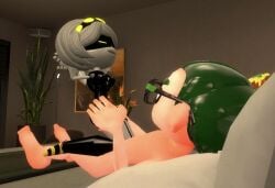 3d bed cephalopod cephalopod_humanoid cowgirl_position crossover diamonddog246 fan_character female hands_behind_head humanoid_on_robot inkling inkling_boy interspecies male/female murder_drones nude nude_female nude_male oc original_character robot robot_girl robot_humanoid sex splatoon v_(murder_drones)