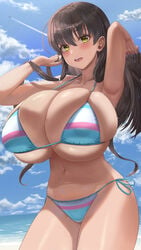 1girls arms_up beach bikini blush breasts breasts_bigger_than_ass breasts_bigger_than_head brown_hair cleavage collarbone cowboy_shot curvy detailed_background female female_only gigantic_breasts hand_in_hair huge_breasts iwato_kasumi long_hair looking_at_viewer navel open_mouth outdoor saki side_tie_panties silvertsuki skindentation small_waist smiling solo solo_female thick_thighs three-quarter_portrait top_heavy two_piece_swimsuit yellow_eyes