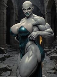 1girls ai ai_generated animated ass bald breasts claws dialogue dress fangs female female_only flaunting green_eyes grey-skinned_female happy huge_breasts indoors large_ass large_thighs lipstick looking_at_viewer muscular muscular_female oc oiled oiled_body oiled_skin original_character pointy_ears ruins slit_dress solo solo_female sound standing strapless_dress teal_lipstick telepath telepathy thighs vampire vampire_girl vascular video voluptuous voluptuous_female