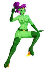 alien belt blue-senpai breasts female galactic_commander green-skinned_female green_eyes green_nipples green_skin headgear math_blaster nude purple_hair pussy rocket_boots shiny_skin smile solo white_background xmegantronx