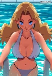 1girls bikini blonde_hair blue_eyes breasts cleavage collarbone earrings enessef-uu human large_breasts long_hair looking_at_viewer me_snowdon molly_hale nintendo pokemon pokemon_(movie) pokemon_3:_the_movie_-_spell_of_the_unown:_entei pokemon_gsc pool transformed water wet