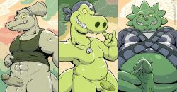 2015 20th_century_fox abs allosaurid allosauroid allosaurus anthro big_nostrils bodily_fluids bottomless bottomless_anthro centrosaurine ceratopsian ceratopsid clothed clothing dinosaur doc_tari dog_tags eek!_the_cat electronics erection fox_kids genital_fluids genitals gesture grin group hadrosaurid hand_gesture headgear headphones headset humanoid_genitalia humanoid_penis ily_sign kerchief kutter licking licking_lips long_neck looking_at_viewer male marginocephalian muscular muscular_anthro muscular_male navel nelvana nude ornithischian ornithopod overweight overweight_male parasaurolophus pecs penis plant precum prehistoric_species reptile saurischian scalie selfie sharp_teeth shirt skull_and_crossbones skull_symbol sky smile squatt_(the_terrible_thunderlizards) styracosaurus sweat tank_top teeth the_terrible_thunderlizards theropod tongue tongue_out topwear trio vein veiny_penis wanikami yellow_sclera