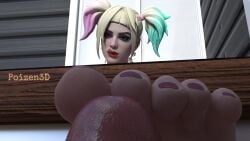1boy 1girls 3d 3d_(artwork) barefoot batman_(series) birds_of_prey_(movie) blonde_hair close-up dc dc_comics facepaint feet foot_fetish footjob footjob_under_table fortnite harley_quinn harley_quinn_(birds_of_prey) harley_quinn_(fortnite) highres licking_lips light-skinned_female light-skinned_male light_skin makeup multicolored_hair nude nude_male poizen3d twintails under_the_table