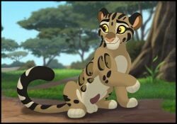 4_legs anatomically_correct anatomically_correct_feral anatomically_correct_genitalia anatomically_correct_penis animal_genitalia animal_penis balls black_border border clouded_leopard disney erection felid feral feral_only fur genitals grass hi_res kaion male male_only mammal pantherine penis pink_nose plant red_eyes sitting sitting_on_ground sky smile solo spots tail the_lion_guard the_lion_king tree whiskers yun_mibu