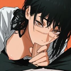 black_hair blowjob breasts breasts_out chainsaw_man dark_hair fellatio holding_penis looking_at_viewer medium_breasts messy_hair mitaka_asa nipples one_breast_out penis penis_in_mouth scar shirt simple_background tagme white_shirt white_skin