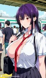 1girls ai_generated areolae breasts city cleavage covered_nipples crowd encoder exposed_breasts female haitekudasai_takamine-san large_breasts long_hair no_underwear open_shirt outdoors public school_uniform skirt subway takamine_takane tie train train_station uncensored white_shirt