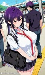 1girls ai_generated breasts city cleavage covered_nipples crowd encoder exposed_breasts female haitekudasai_takamine-san large_breasts long_hair no_underwear outdoors public school_uniform skirt subway takamine_takane tie train train_station uncensored white_shirt