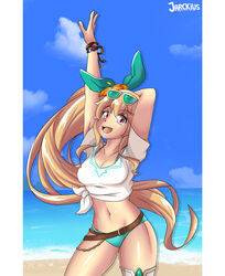 belt blonde_hair dragalia_lost elisanne hair_ribbon shirt solo sunglasses_on_head swimsuit