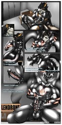 abs absurd_res balls baogacc black_body black_fur clothing collar dragon encasement english_text fur genitals goo_(disambiguation) hi_res kronas living_latex male onomatopoeia penis rubber sound_effects squeaky suit talen text transformation wings