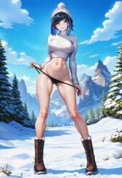 1girls ai_generated bare_hips bare_thighs beanie beanie_hat blue_hair blush boots bottomless boxingchamp female genshin_impact green_eyes looking_at_viewer micro_panties navel navel_focus panties panty_pull seductive seductive_look seductive_pose seductive_smile standing sweater turtleneck turtleneck_lift turtleneck_sweater winter_clothes yelan_(genshin_impact)