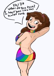 1girls arms_under_breasts artist_request ass braces brown_hair clothing disney disney_channel disney_xd dress female female_only from_behind gravity_falls looking_back mabel_pines rainbow_sweater simple_background smile straight_hair text virgin_killer_sweater white_background white_female wide_hips