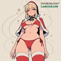 ai_generated antlers artist_name artoria_pendragon bell bikini blonde_hair breasts bust chest christmas christmas_lights christmas_ornaments christmas_tree fake_antlers fate_(series) female fur-trimmed_capelet fur-trimmed_headwear fur_trim glint green_eyes hat hi_res highres holding_sack holly lagoonlore looking_at_viewer merry_christmas patreon patreon_username red_bikini red_capelet red_legwear reindeer_antlers reindeer_costume sack santa_bikini santa_boots santa_costume santa_dress santa_gloves santa_hat side-tie_bikini solo sparkle sparkle_background star_(symbol) swimsuit thighhighs watermark