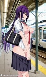 1girls ai_generated breasts city encoder exposed_breasts female haitekudasai_takamine-san holding_skirt large_breasts long_hair naked naked_female nipples no_panties no_underwear nude nude_female open_shirt outdoors public pussy school_uniform skirt skirt_down subway takamine_takane tie train train_station uncensored vagina white_shirt