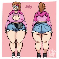 big_butt curvy_female female female_only glasses huge_breasts jean_shorts july_(sob4art) original_character pink_hoodie ponytail reference_image sneakers sob4art solo solo_female