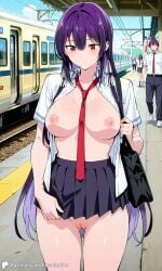 1girls ai_generated breasts city encoder exposed_breasts female haitekudasai_takamine-san holding_skirt large_breasts long_hair nipples no_panties no_underwear open_shirt outdoors public pussy school_uniform skirt subway takamine_takane tie train train_station uncensored vagina white_shirt