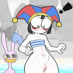 algozhell beach blush bottomless bottomless_female brown_hair duo embarrassed exposed_pussy exposure flat_chest happy_trail jax_(the_amazing_digital_circus) jester_hat pomni_(beach_outfit) pomni_(the_amazing_digital_circus) pubic_stubble pussy shirtless_male shy striped_topwear the_amazing_digital_circus third-party_edit tube_top wide_hips